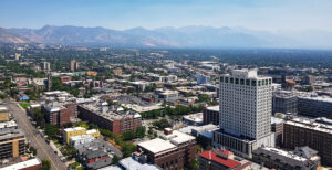 Downtown salt lake city looking east towards the mountains.