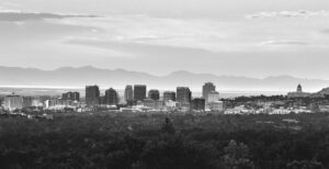 Salt Lake City downtown skyline in black and white.