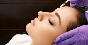 woman with her eyes closed receiving botox in her forehead