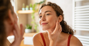woman looking in the mirror and touching her cheek